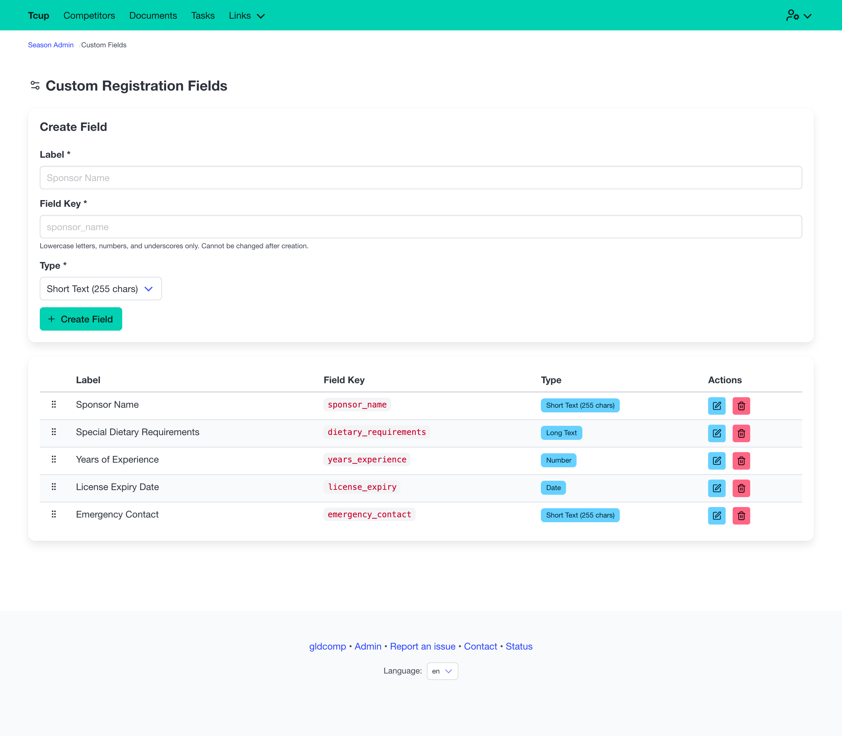 Custom registration fields admin