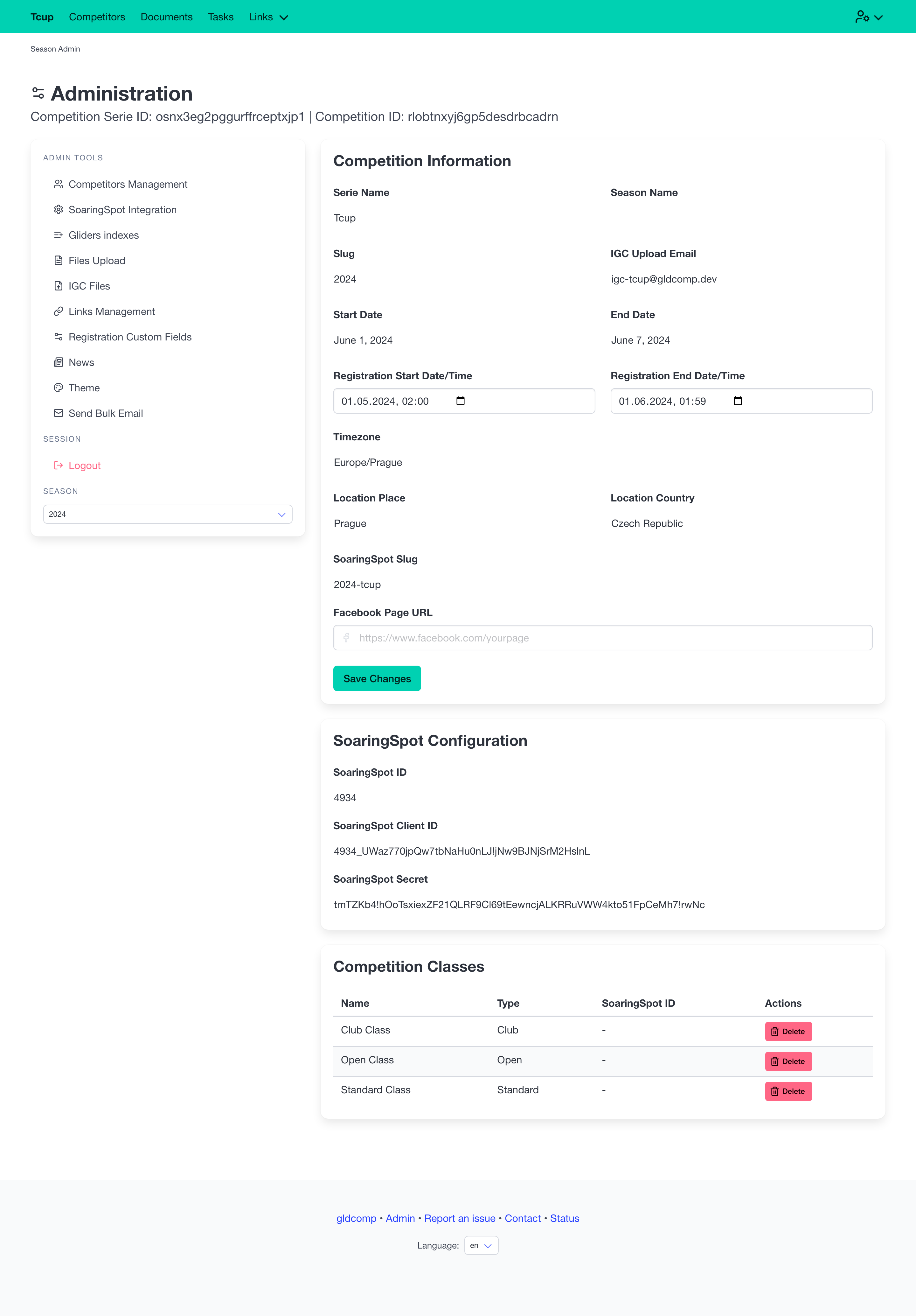 Season admin dashboard and tool menu
