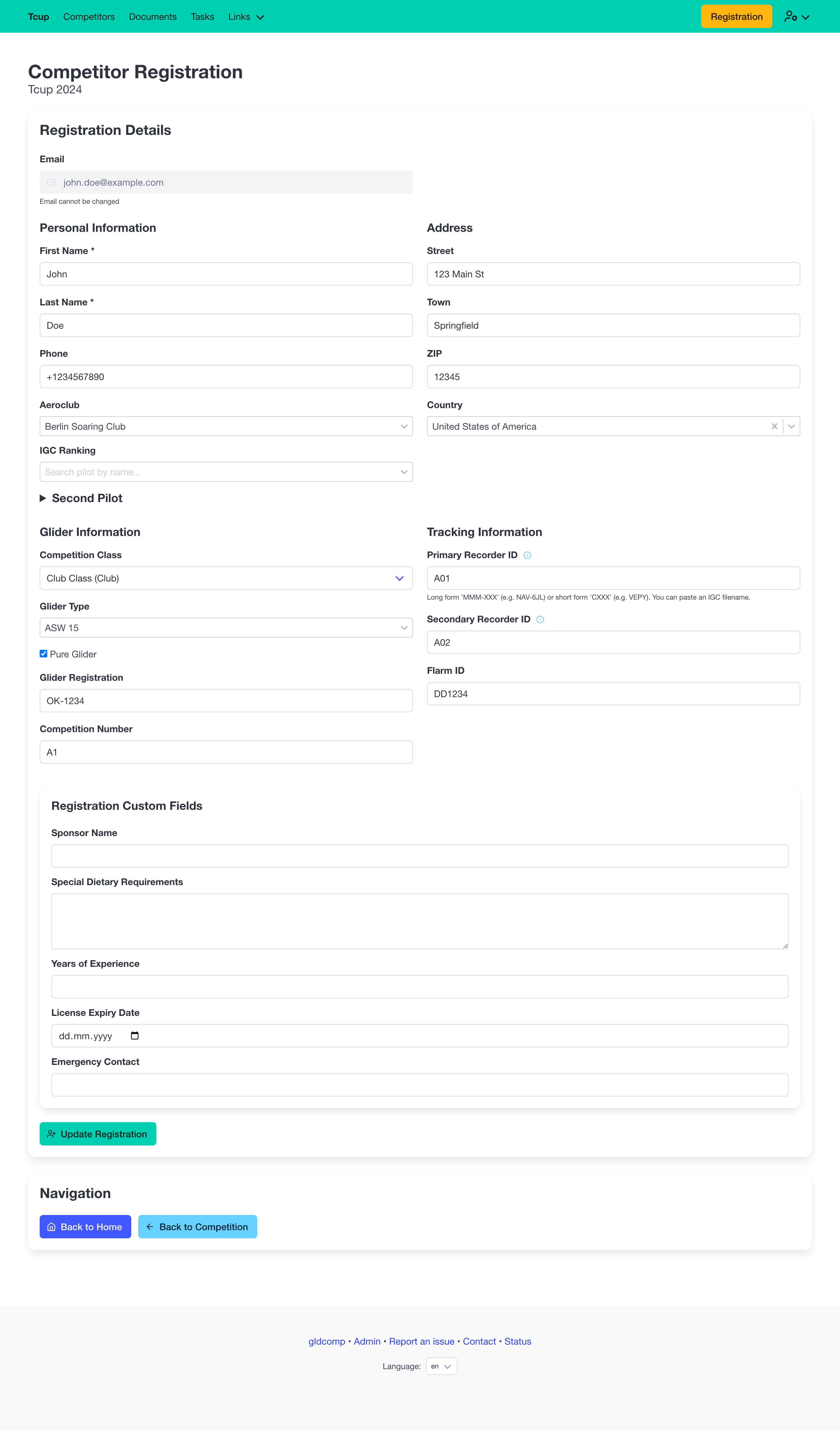 Full registration detail form