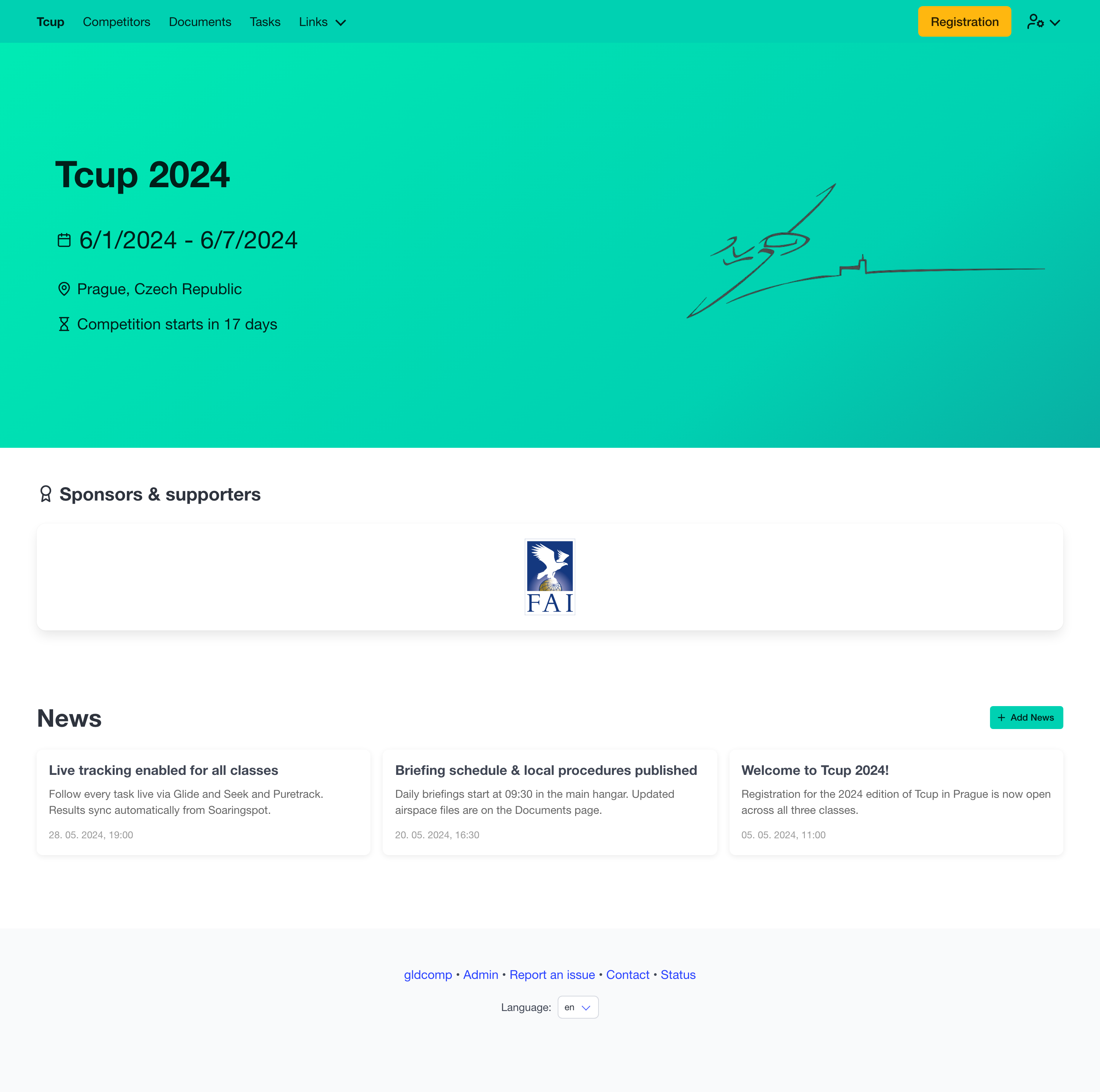 Competition home page before the event