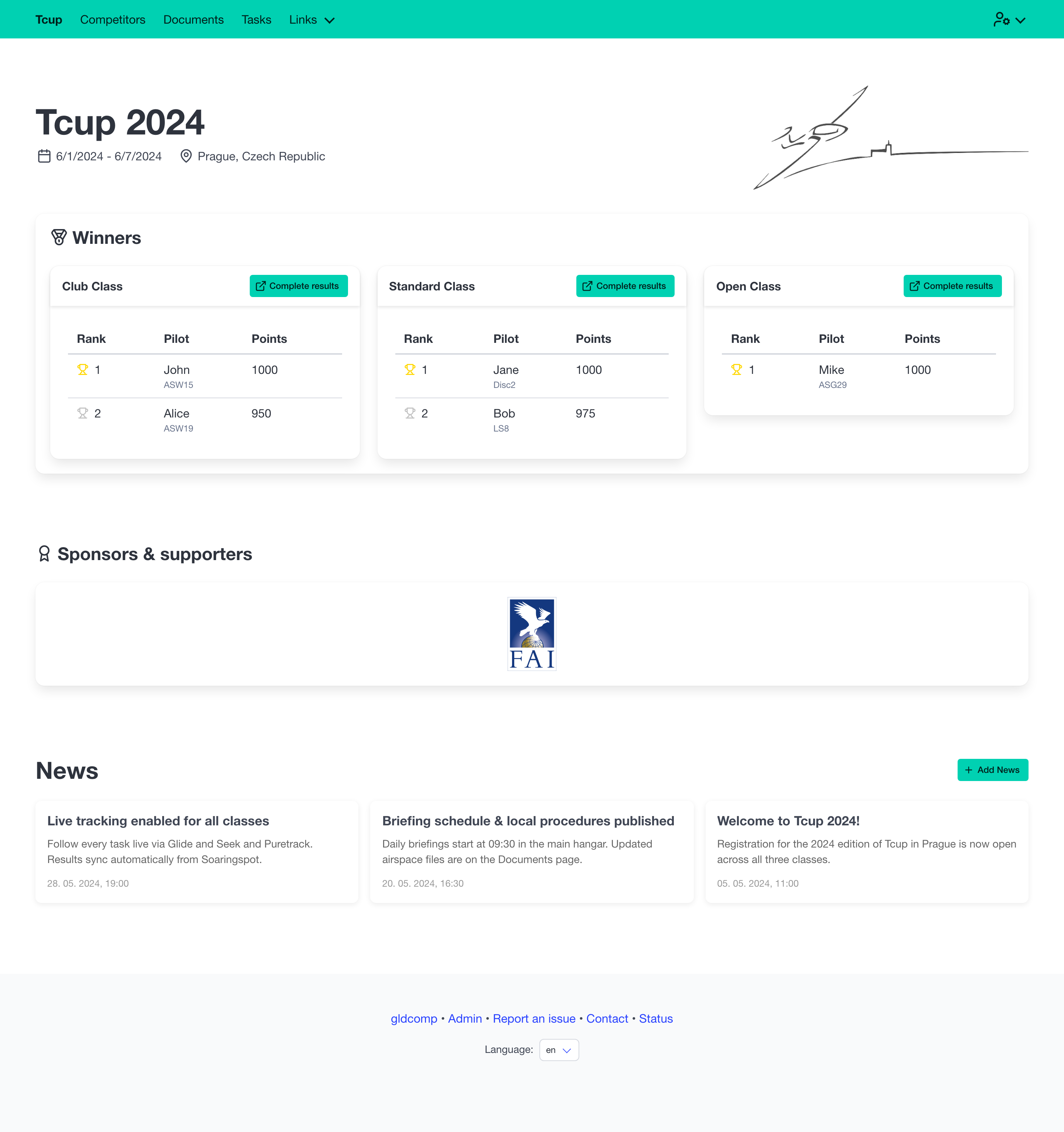Competition home page showing winners