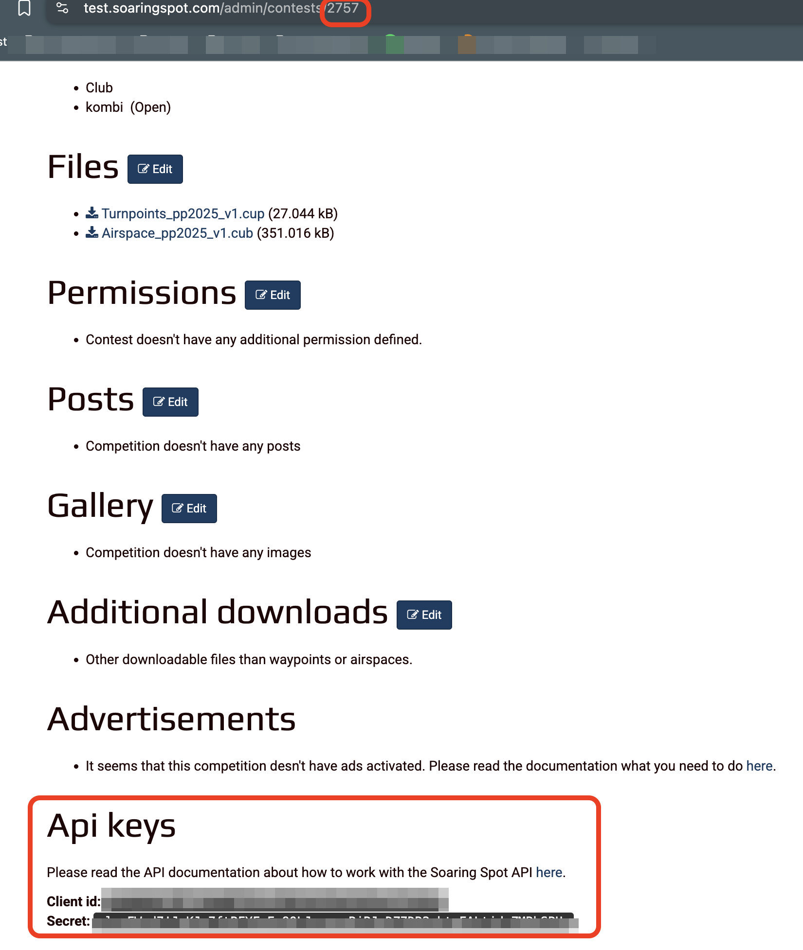Where to find the Soaringspot competition ID and API keys